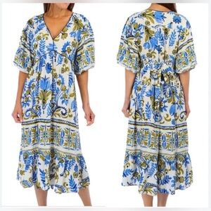 Fig & Flower Anthropologie Midi Linen Fall Boho Floral Prairie Dress-sz M